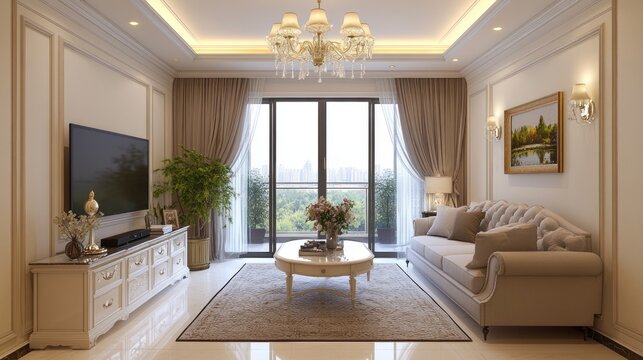 Elegant living room with city view, beige sofa, and crystal chandelier.