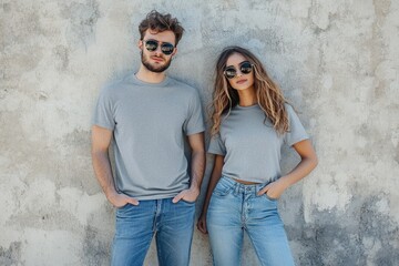 Hipster couple in urban fashion with blank t shirts.
