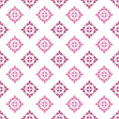 Valentine’s Day seamless pattern design, pink hearts and rhombus in flowery composition.