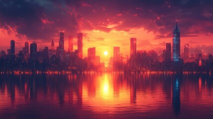 Fototapeta premium City skyline reflected in fiery sunset water.