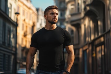Muscular man in black tshirt walking in urban setting.