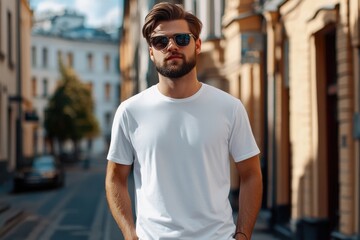 Fototapeta premium Stylish man in white t shirt and glasses on city street.