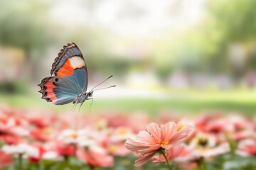 Obraz premium A vibrant butterfly with colorful wings hovering gracefully above blooming pink flowers in a sunny, blurred garden background