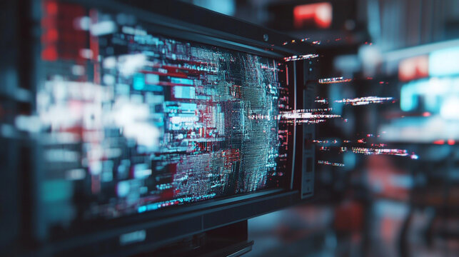 Dynamic digital data flow on a modern monitor in a busy tech environment. 