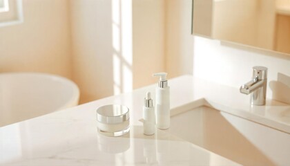 Elegant skincare products on a marble countertop with soft natural light, copy space