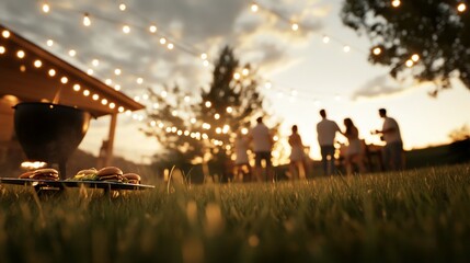 Outdoor gathering at sunset with food and lights.