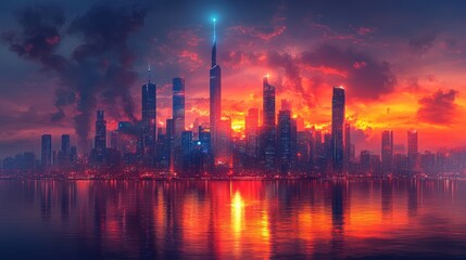 Fototapeta premium Fiery sunset cityscape reflected in calm water.