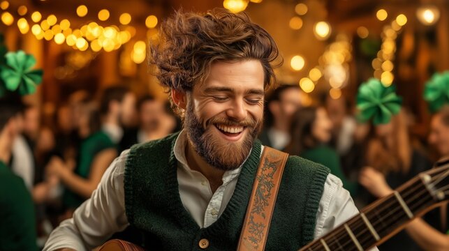 A cheerful guitarist with a bright smile performing in a lively pub during a St. Patrick's Day celebration, surrounded by glowing lights, green decorations, and a festive crowd