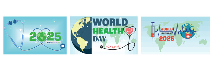 PrintHeart Shaped Stethoscope. World Health Day. Medical and Earth Symbols. Set flat vector modern illustration