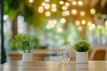 Serene Cafe Table: Plants, Water, and Bokeh Lights