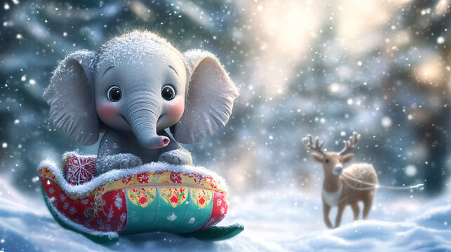 a cutest baby elephant you have ever seen, riding a sleigh with reindeer through a snowy forest.
 - Powered by Adobe