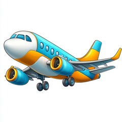 A colorful cartoon airplane with blue and orange details, depicted in a playful style, ready for takeoff.