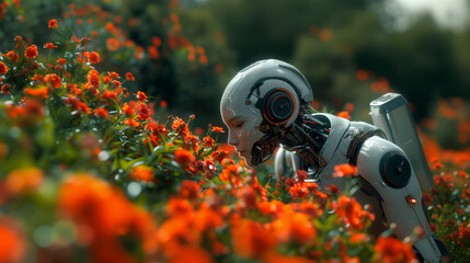 Futuristic Robot in a Field of Blooming Flowers Depicting Modern Technology