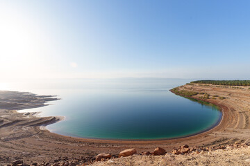 Scenic Coastal Landscape with Lush Palm Trees and Tranquil Blue Waters. Dead Sea Jordan.