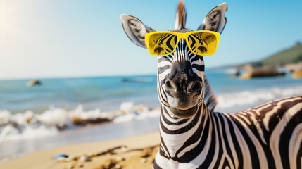 Exotic Zebra in Trendy Sunglasses on a Sunny Beach with Beautiful Tropical Backgrounds