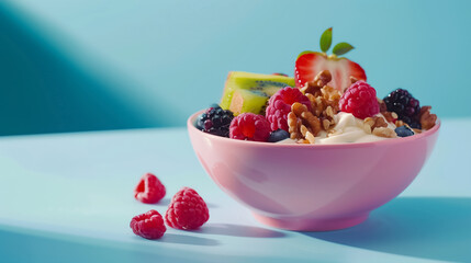 Creative Yogurt Dessert with Mixed Berries in a Pink Bowl on Blue Background