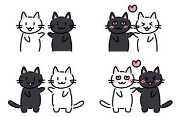 Naklejka premium 白猫と黒猫のペアのイラストセット