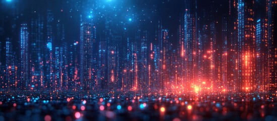 Fototapeta premium Futuristic cityscape at night with glowing lights.