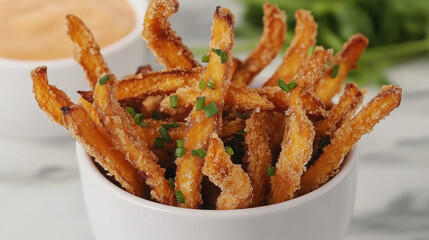 A bowl of crispy sweet potato fries garnished with chives, served with a dipping sauce.
