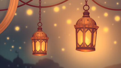 Illuminated Night: A pair of ornate lanterns, strung with delicate chains, cast a warm glow against a backdrop of twinkling lights and a distant cityscape.