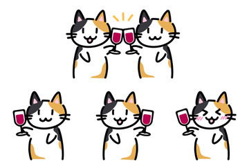 ワインを持って乾杯する手書きの三毛猫のイラストセット