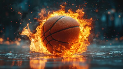 Fiery basketball on wet court, engulfed in flames, sparks, and reflections.