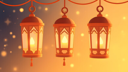 Obraz premium Ramadan Glow: Three ornate lanterns illuminate the night, casting a warm, inviting glow. Perfect for Ramadan, Eid, or any celebration of light and hope.