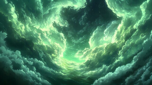 A wide-angle animated anime-style panoramic landscape, showcasing vibrant green clouds floating across a vast, colorful sky. Generative AI