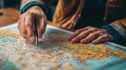 Obraz premium Business Leader Planning Growth Strategy in Specific Setting with Map and Pen for Target Achievement