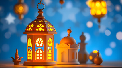 Obraz premium Ramadan Lantern Glow: Festive Ramadan ambiance with a lit lantern, miniature mosque, and bokeh lights. Perfect for greeting cards or social media. 
