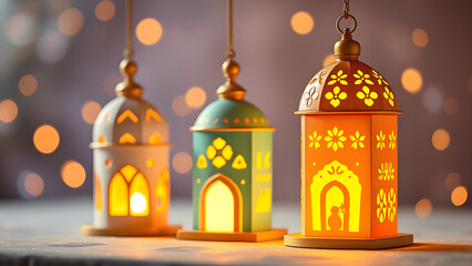 Fototapeta premium Luminous Lanterns: A trio of intricate, illuminated lanterns, each with a unique design and color, evokes a sense of warmth, peace, and tradition.