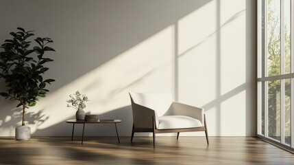 Fototapeta premium Minimalist modern living room with open space. Featuring minimal furnishings and a neutral palette