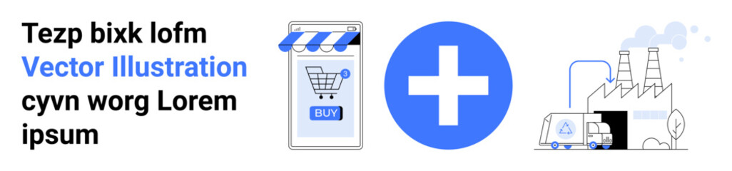 Smartphone with shopping cart icon and buy button, blue cross medical symbol, factory with machinery. Ideal for e-commerce, healthcare, industry, technology, business, manufacturing, logistics