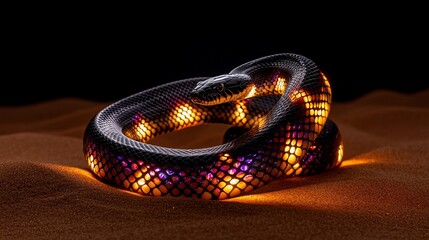 Fototapeta premium A glowing snake coiled on sandy terrain.