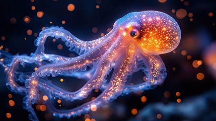 Glowing, otherworldly octopus in deep sea environment, illuminated by bioluminescent particles.