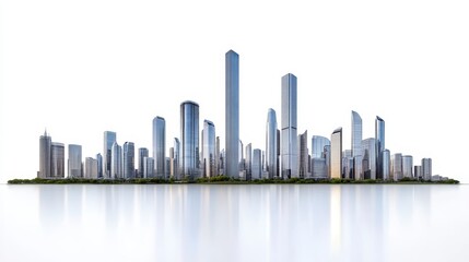 Obraz premium A modern skyline featuring a variety of skyscrapers, reflecting a contemporary urban landscape against a white background.