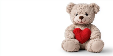 Obraz premium An adorable plush teddy bear sitting upright, holding a bright red heart against a clean white background