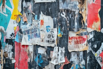 Grunge urban background with torn posters and graffiti texture.
