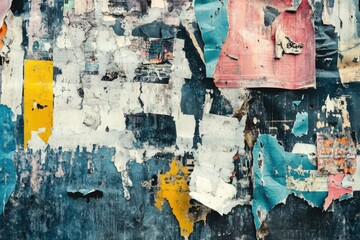 Grunge urban background with torn posters and graffiti texture.