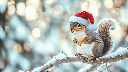 Squirrel in santa hat sitting on tree branch on winter snowy day