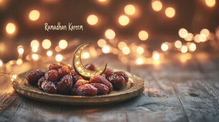 A decorative plate of dates with a crescent moon, celebrating Ramadan.