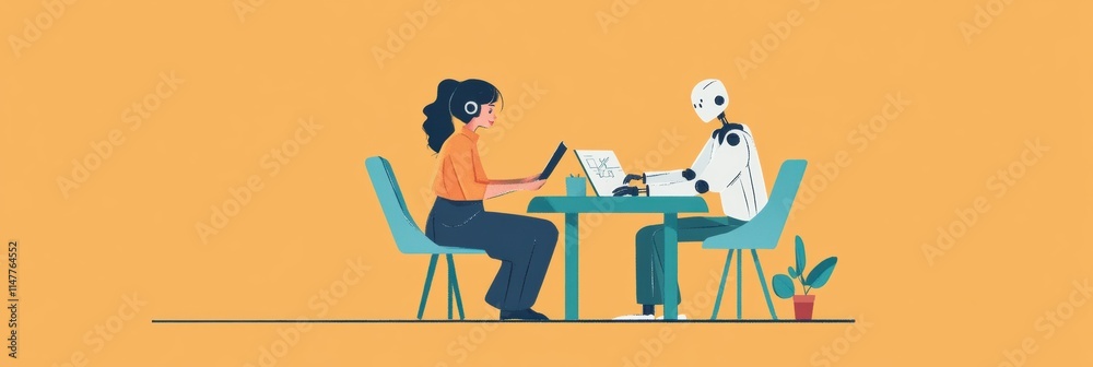 Aufkleber Collaboration between human and robot at a workspace table during a project. Generative AI