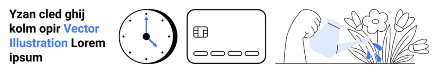 Clock showing time, simplified card, hand watering flowers, and dummy text in blue and black. Ideal for presentations, time management, finance, gardening education design planning. Landing page