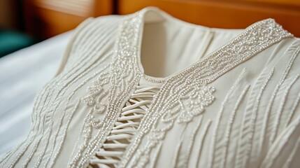 Obraz premium A detailed, elegantly designed garment with intricate embroidery, showcased against a soft background.