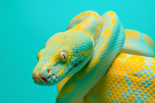 Close-Up of Yellow Snake on Blue Background. Studio Shot. Generative AI