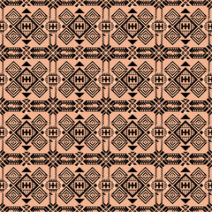 Geometric Tribal Pattern: A seamless, intricate pattern featuring bold black geometric shapes against a soft peach background. This design evokes a sense of cultural heritage and tribal artistry.