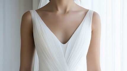 Obraz premium A graceful wedding dress, featuring a deep V-neck and flowing fabric, elegantly worn by a bride against a soft, light backdrop.