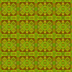 Geometric Green and Brown Pattern: A seamless textile design featuring a vibrant array of geometric shapes in shades of green and brown. Perfect for backgrounds, fabrics, and surface design. 