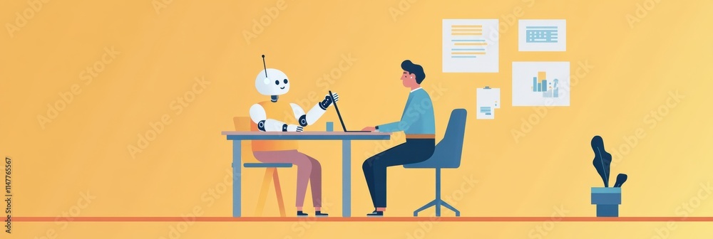 Poster collaboration between human and robot at a desk on a project in a modern workspace with minimalistic
