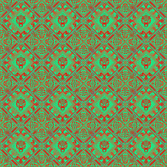 Abstract Geometric Pattern: A vibrant and intricate pattern with repeating geometric shapes in shades of green, orange, and red.  This design seamlessly tiles.